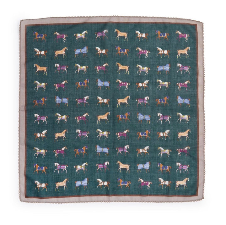 Dark green square polyester scarf with a grid of colorful illustrated horses and a thin brown border. Available sizes: 70x70cm, 90x90cm.