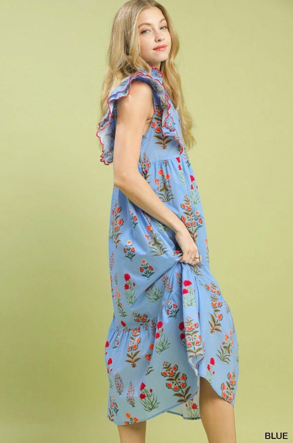 Block Floral Print Midi Dress featuring ruffled sleeves. Available in sizes XS-XL.