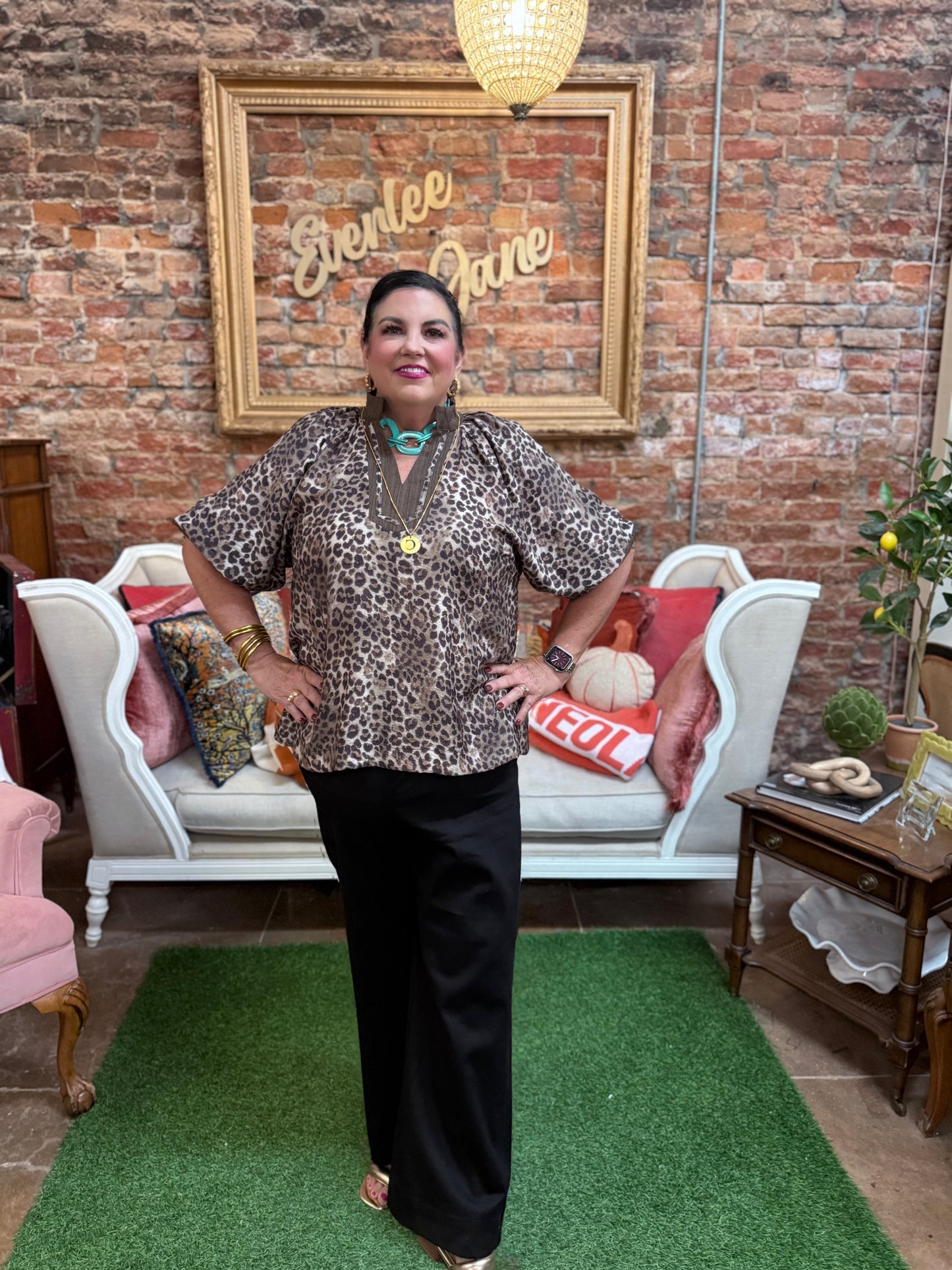 Leopard Print Pleated Sleeve Blouse