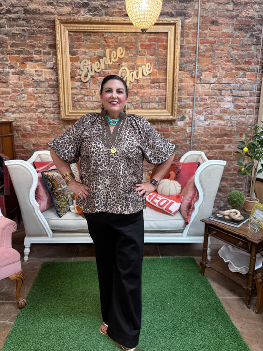 Leopard Print Pleated Sleeve Blouse