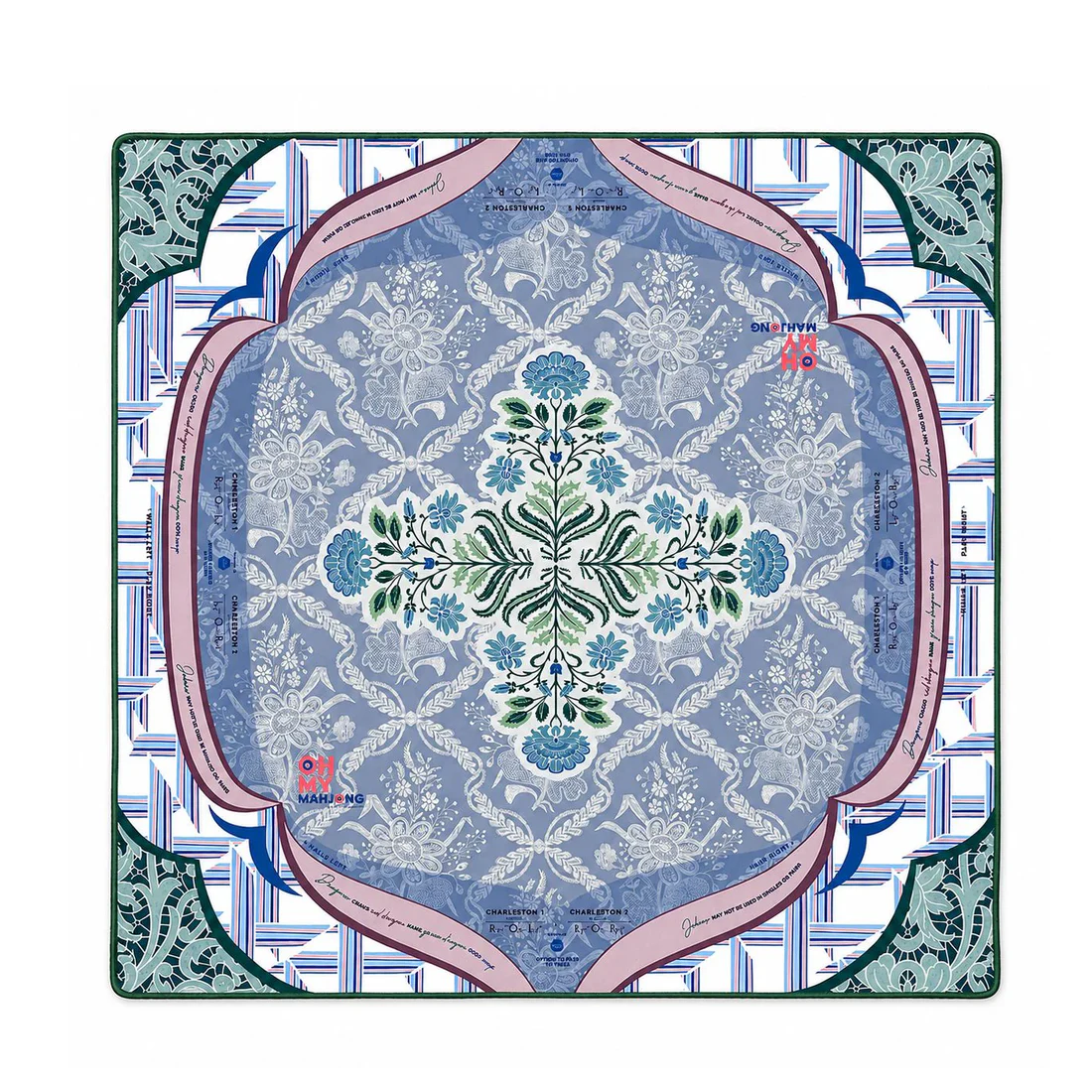 Chantilly Mat in Tube – square scarf with blue floral and paisley motifs, green and pink geometric borders, and symmetrical patterns in blue, white, and green. Available sizes: 55cm x 55cm, 90cm x 90cm.