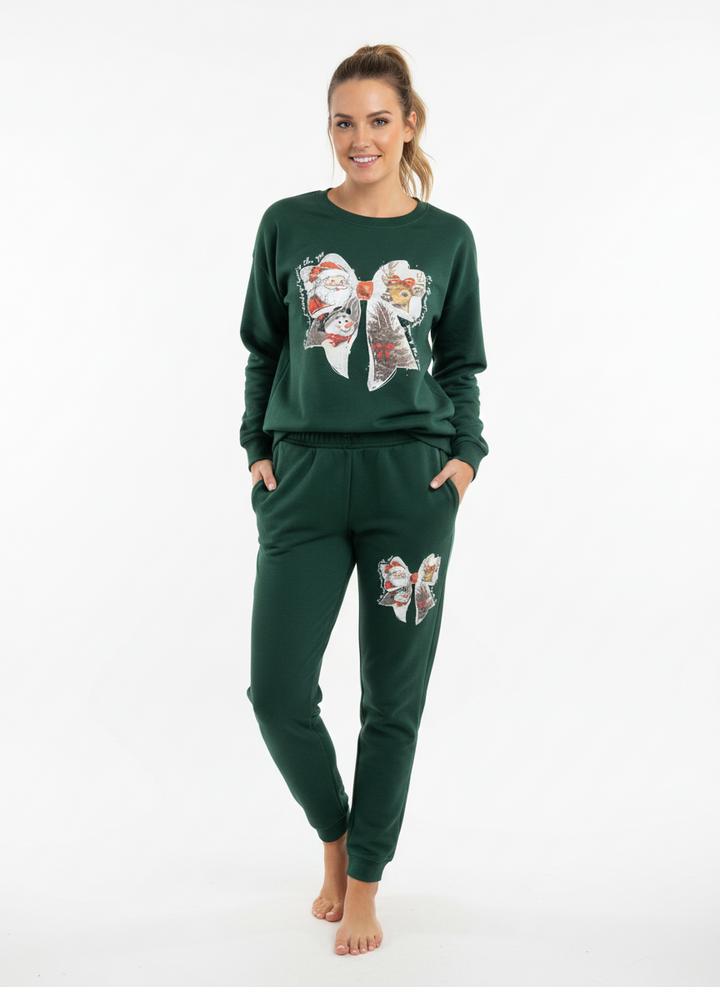 Dark green Christmas bow sweatshirt and matching joggers with Santa and reindeer prints. Available in various sizes.
