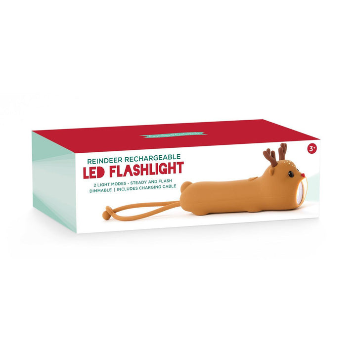 Rechargeable LED flashlight in a cartoon reindeer shape with a silicone tail.