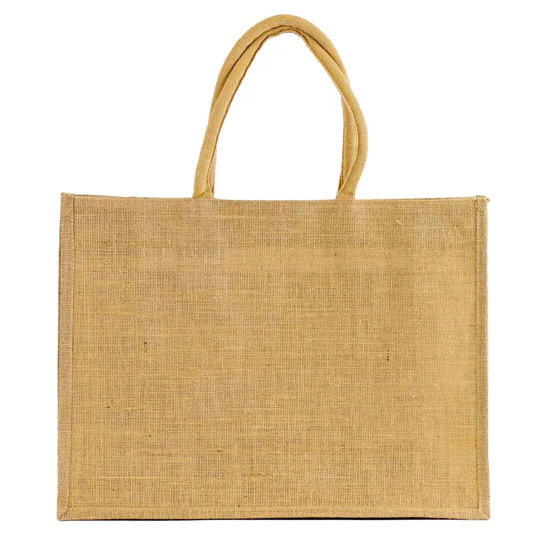 Plain, rectangular jute tote with two sturdy light brown handles; sustainable and unadorned. Available sizes: S, M, L.