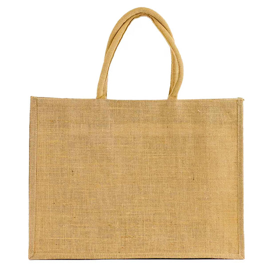 Plain, rectangular jute tote with two sturdy light brown handles; sustainable and unadorned. Available sizes: S, M, L.