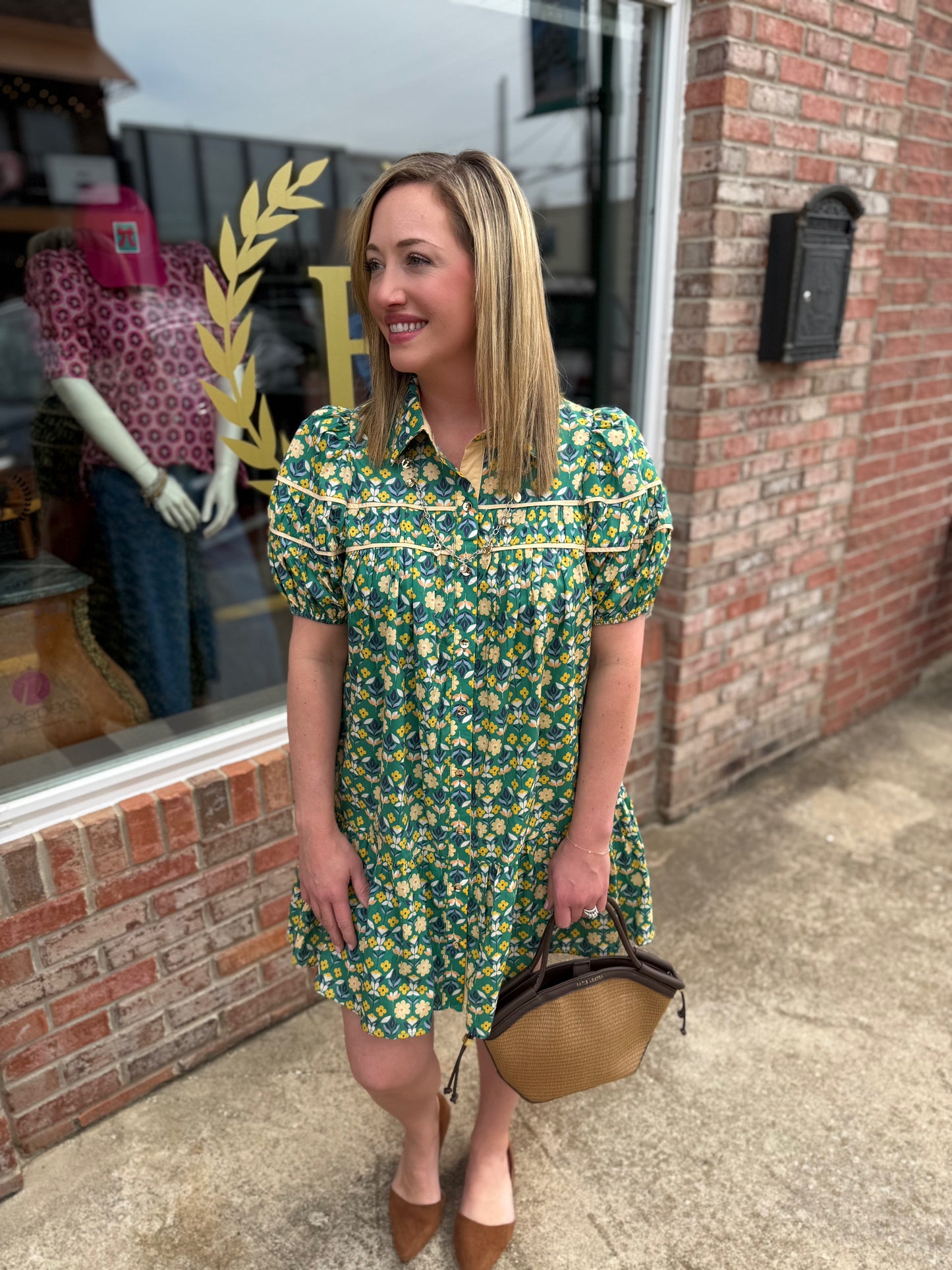 Green Floral Print Button Up Dress