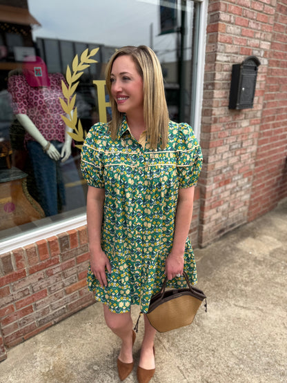 Green Floral Print Button Up Dress