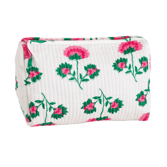 White quilted cotton travel pouch with pink flowers, green leaves, and zipper. Sizes available: small, medium, large.