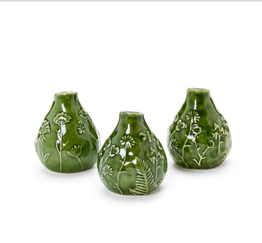 Three small, rounded green **Floral Scape Bud Vases** with etched botanical designs. Features intricate relief patterns of flowers and foliage for a delicate, natural look. Sizes available: one size per set of three.