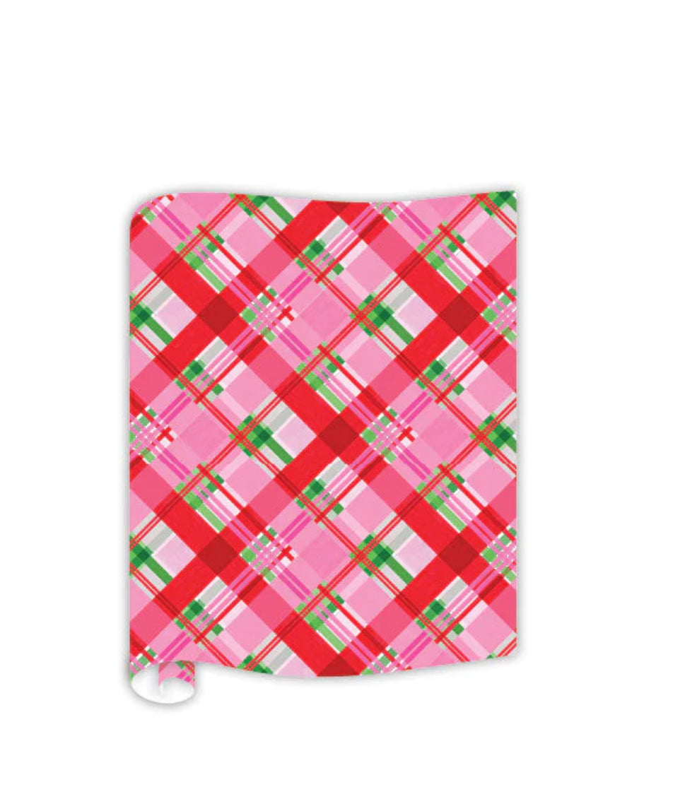 The Table Runner Handpainted Pink & Red Traditional Plaid features a vibrant plaid design in shades of red, pink, green, and white. Sizes available: 72" x 14", 90" x 14".