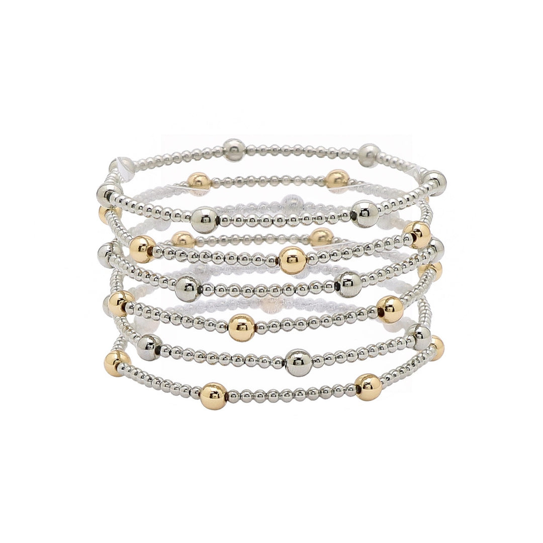Karla Silver Gold Bracelet with beaded stretch bands, silver-gold accents, layered design. Available in S, M, L.
