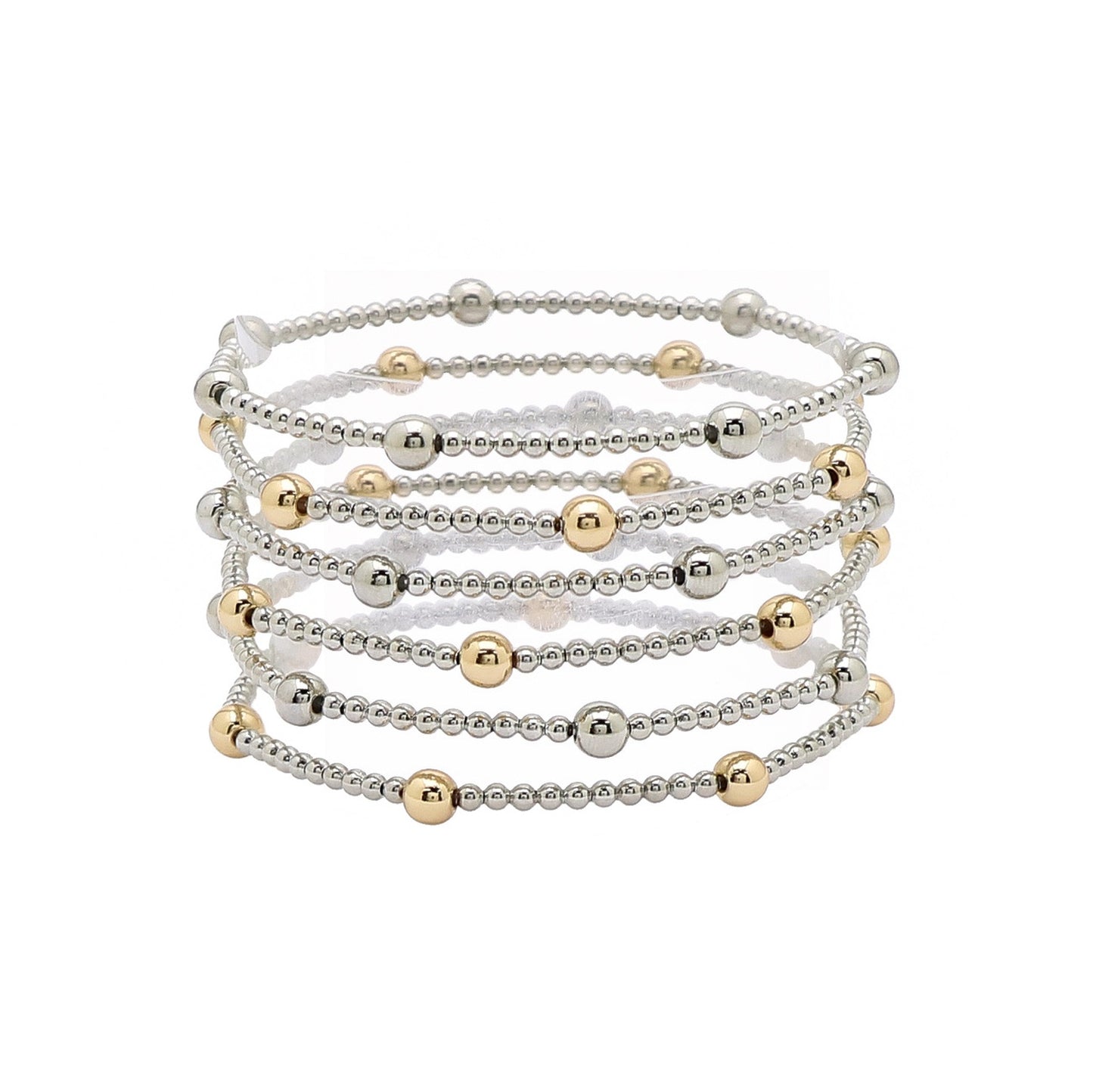 Karla Silver Gold Bracelet with beaded stretch bands, silver-gold accents, layered design. Available in S, M, L.