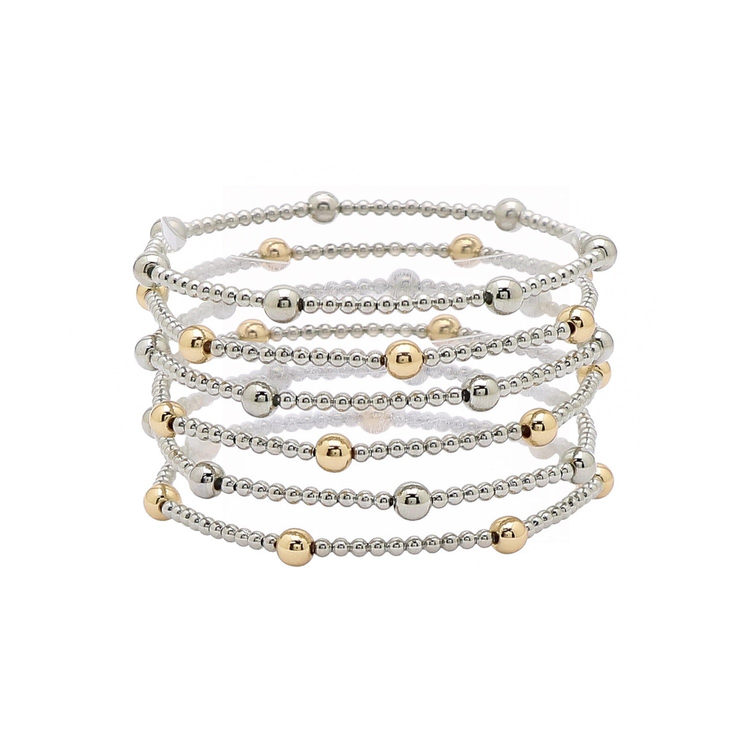 Karla Silver Gold Bracelet with beaded stretch bands, silver-gold accents, layered design. Available in S, M, L.