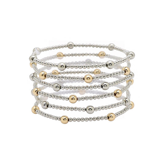 Karla Silver Gold Bracelet with beaded stretch bands, silver-gold accents, layered design. Available in S, M, L.