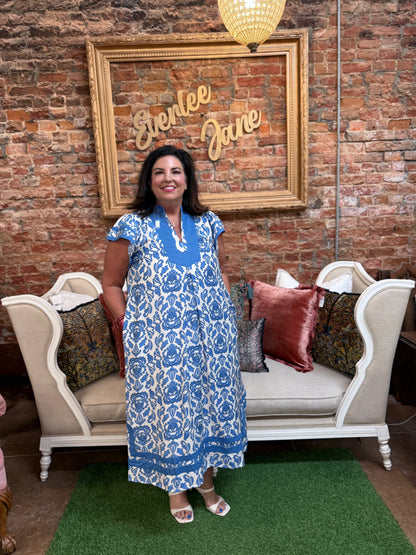 Blue Abstract Two Tone Print Midi Dress. Available in sizes S-XL.