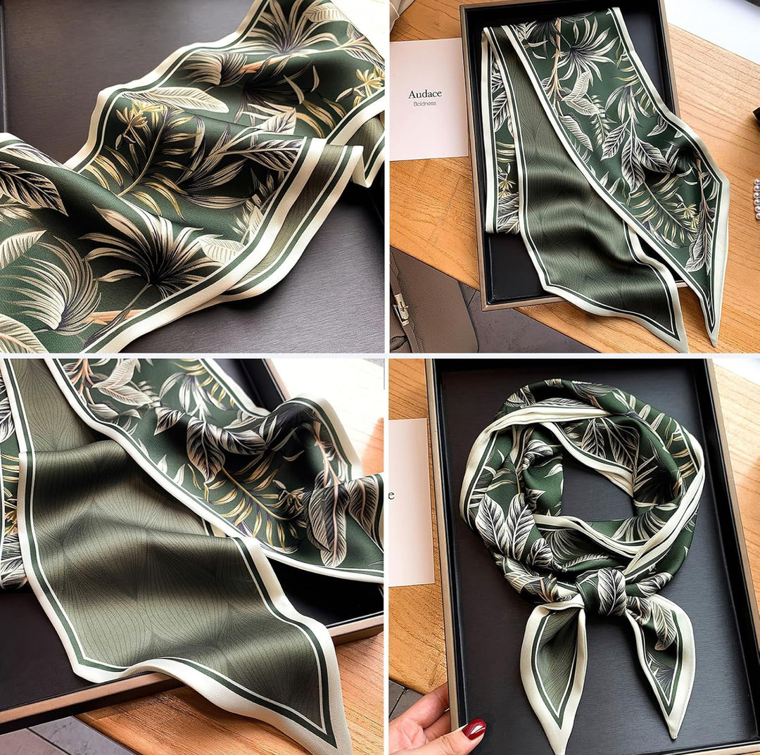 Silk scarf in green satin with white and beige tropical leaf print. Available in multiple sizes. Soft touch for versatile wear.