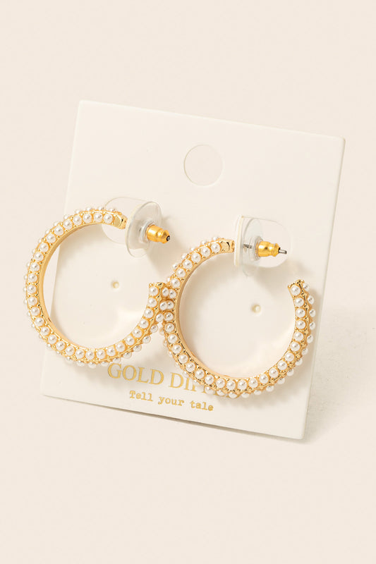 Gold and Pearl Textured 1" Hoop Earring