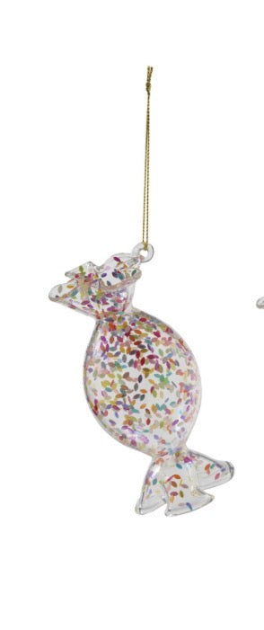 Confetti Glass Ornament in a clear candy shape with multicolored confetti and a gold string.