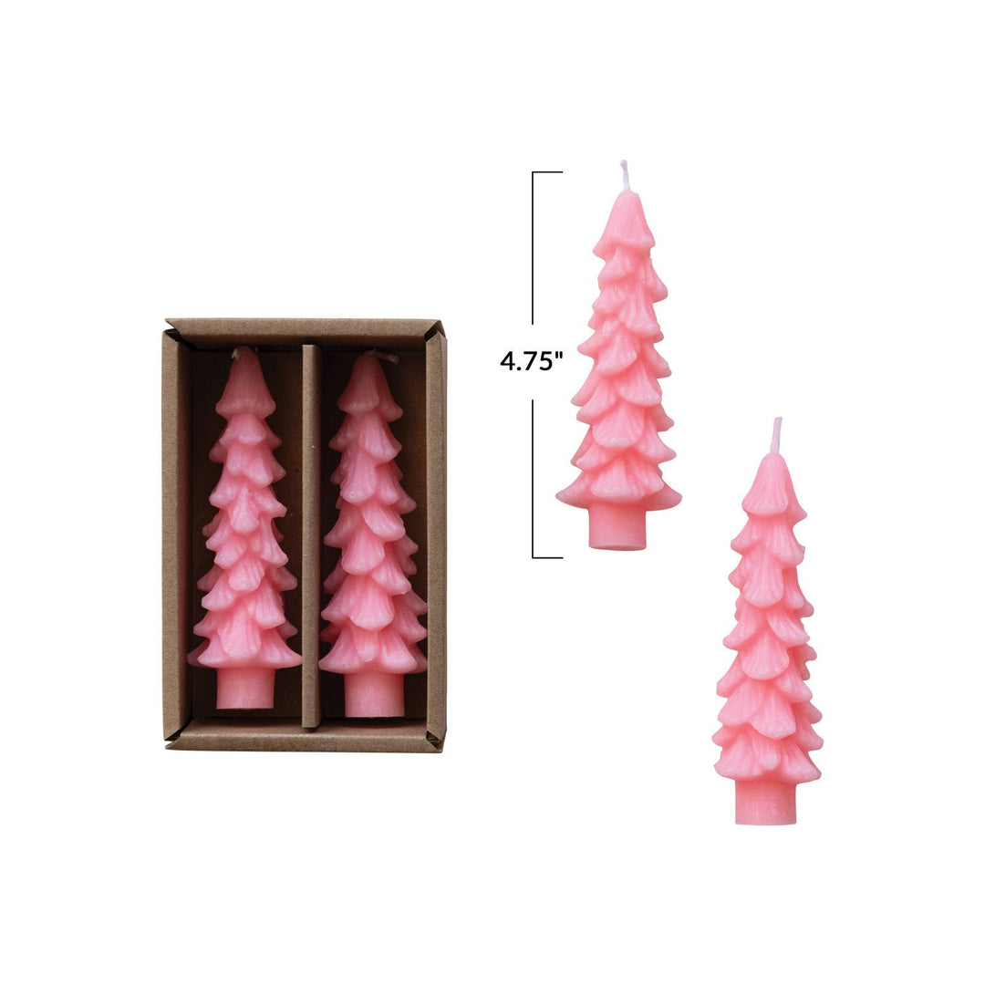 Two textured Unscented Pink Tree Shaped Taper Candles, 4.75 inches tall.