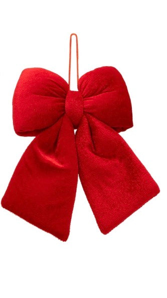 Velvet Red Bows decorative ornament with hanging loop.