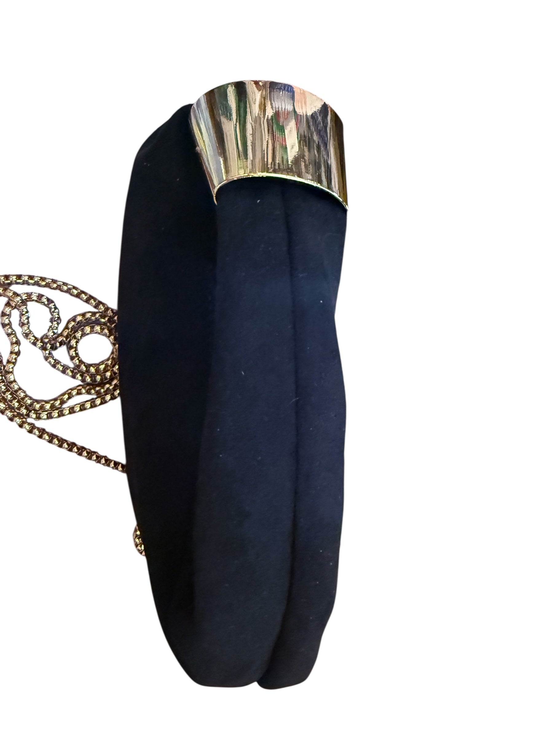 Modern black oval suede clutch with gold clasp and chain strap. Available in small, medium, and large sizes.