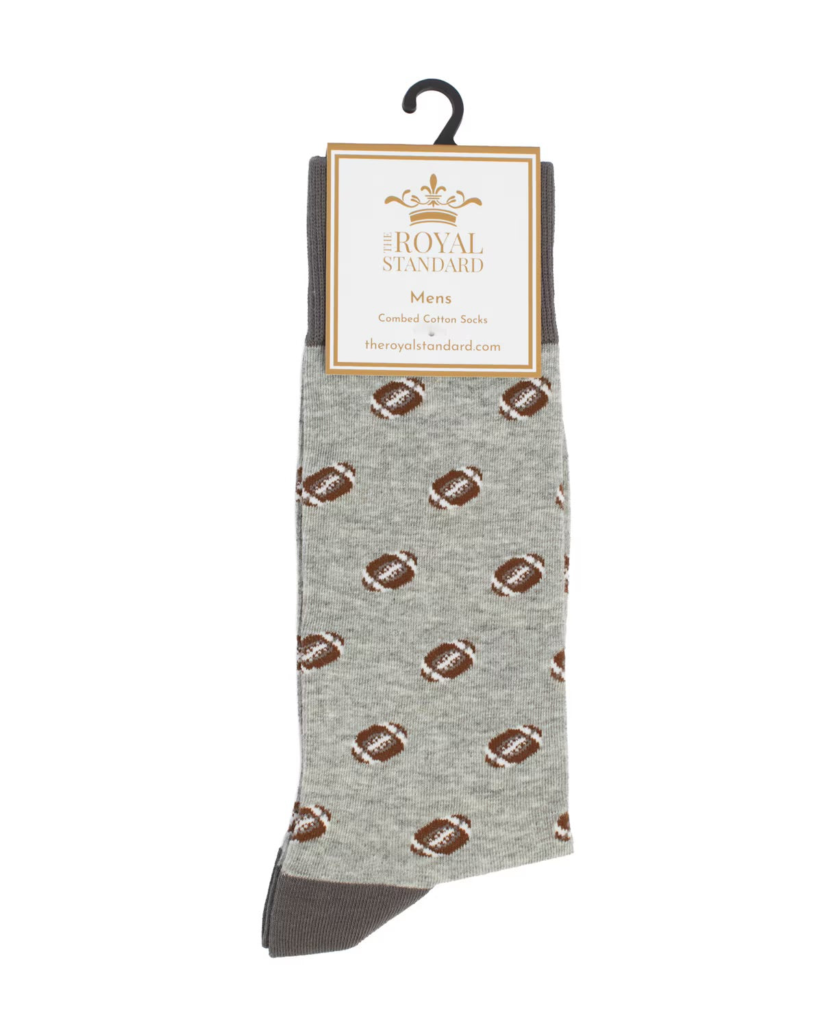 Men’s Gameday Socks in gray with a repeating brown football pattern and dark gray heels and toes. Available in sizes 8-12.
