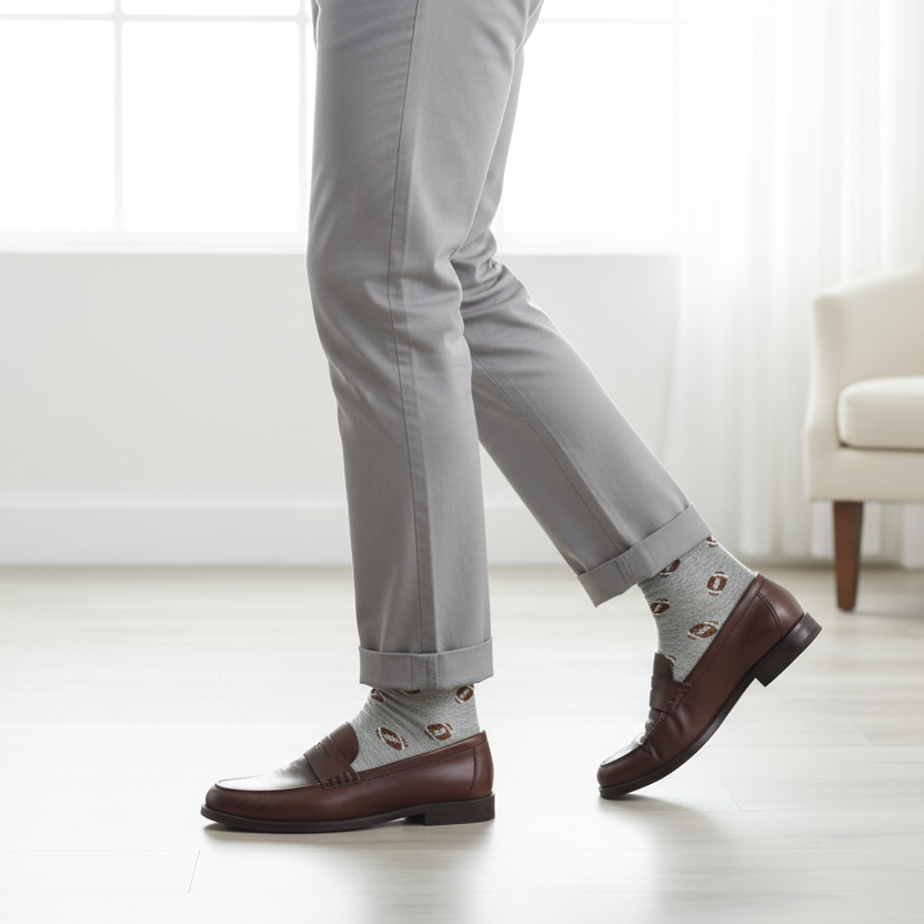 Men’s Gameday Socks: gray with brown football designs, available in sizes M, L, and XL.