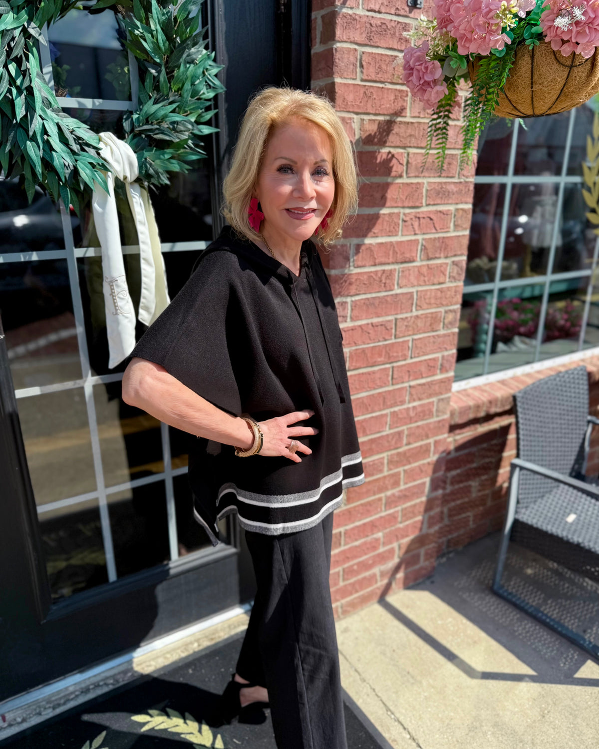 Aspen Stripe Hoodie Poncho shown; available in sizes XS–XL.