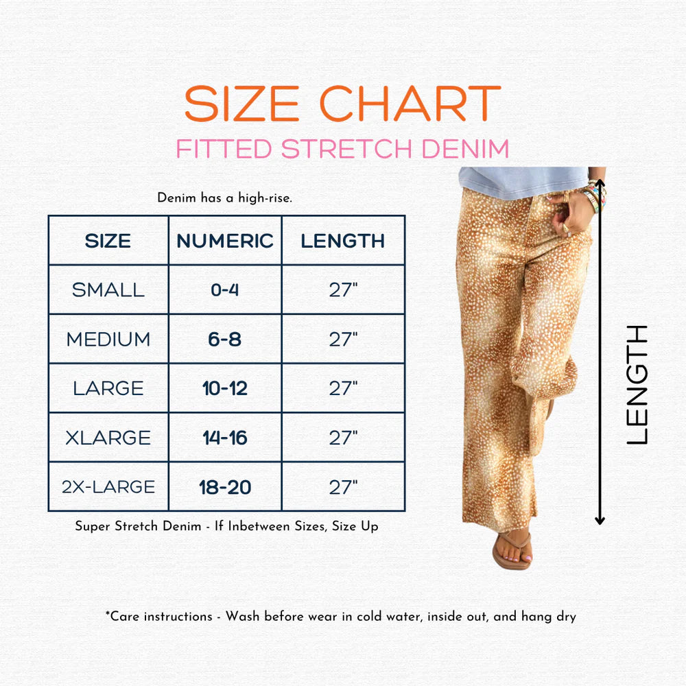 Size chart for Harper Playful Patch Denim Pants, sizes small to 2X-large, 27-inch length. Care instructions below.