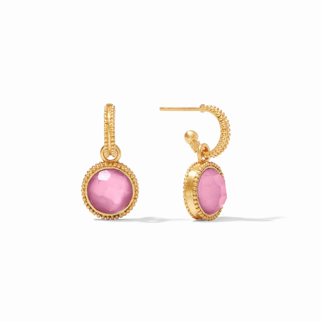 Iridescent Tourmaline Pink Fleur-de-Lis hoop and charm earrings with textured gold hoops and faceted pink stone charms.