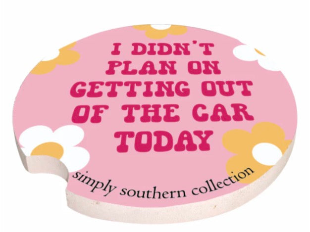 Simply Southern round pink car coasters, water-absorbent, with white/yellow flowers and red text; available in standard size.
