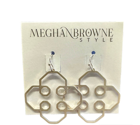 Geometric Design Earrings with hexagonal and circular silver shapes. Available sizes: small, medium, large.