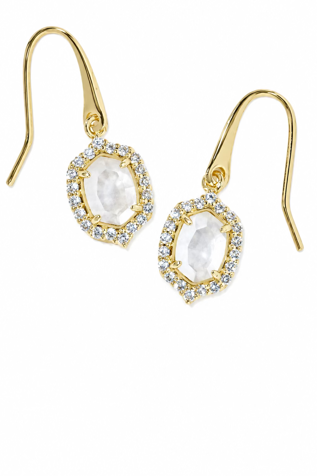 Daphne Crystal Frame Drop Earrings in Gold Mother of Pearl feature oval faceted mother of pearl stones, small clear crystals, and a hand-painted enamel frame with hook fastenings. Available in one size.