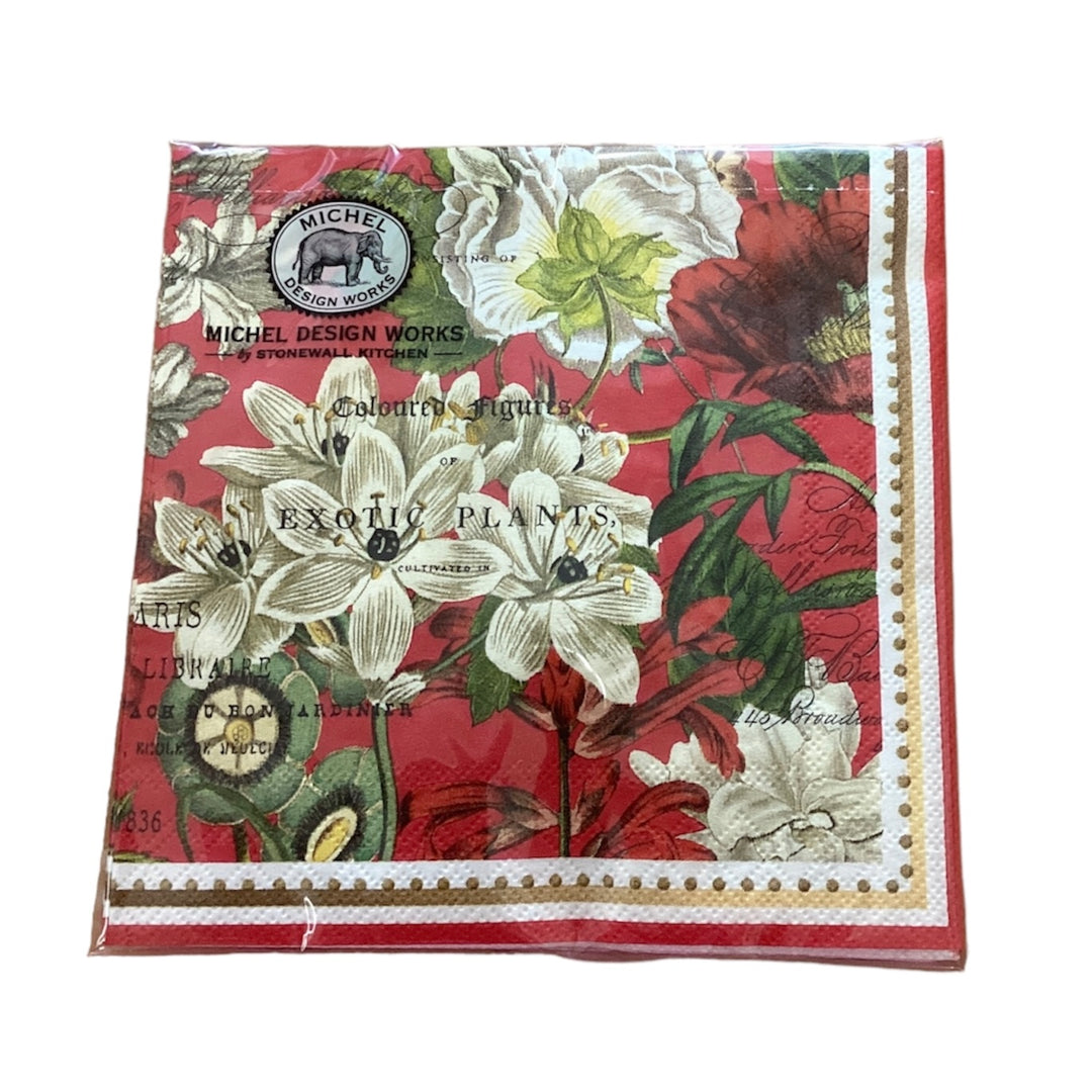 White Christmas Cocktail Napkins: triple-ply paper napkins with red background, white floral illustrations, and vintage-style typography.