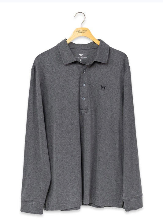 Men’s Longsleeve Gray Polo in soft stretch fabric with classic buttons and small embroidered dog logo on chest. Available in sizes S-XXL.