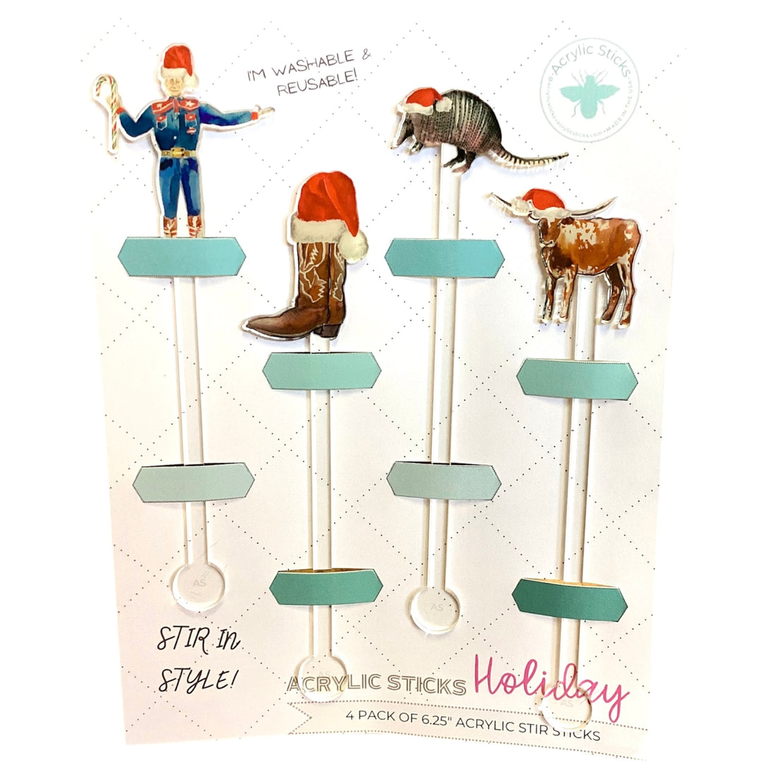 Texas Christmas Stir Sticks: four 6.25-inch clear acrylic stirrers topped with Texas-themed illustrations wearing Santa hats.