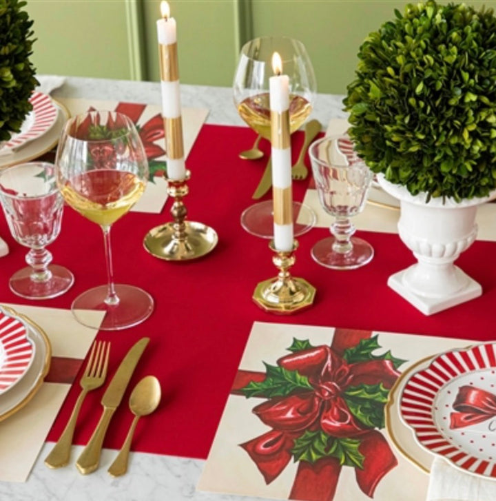 Red flocked table runner.