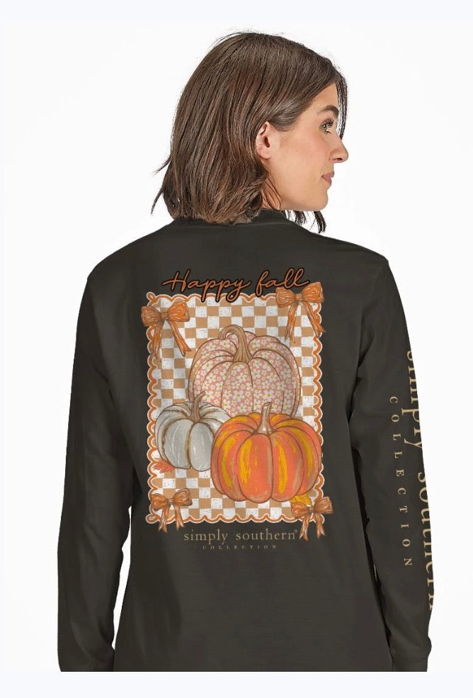 Black long sleeve shirt with “Happy Fall” and three pumpkins on the back, bordered by a checkered and scalloped frame, and “Simply Southern Collection” underneath. Available in sizes S-XXL.