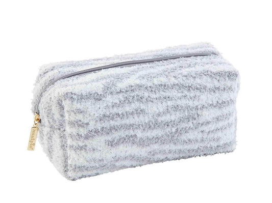 A fluffy, light grey Chenille Case with a textured exterior comes with dimensions perfect for compact and convenient travel or daily use. The case showcases a stylish zipper closure and an elegant golden zipper pull.