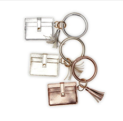 Bangle Key Chain Holder with Card Holder in silver, gold, and rose gold, each with matching tassel. Available in small, medium, large.