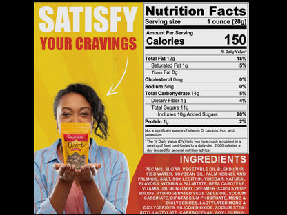 Praline Pecans bag, 3oz size, with “SATISFY YOUR CRAVINGS” and nutrition facts visible.