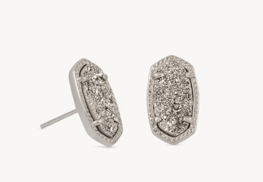The Ellie Silver Stud Earrings in Platinum Drusy have minimalist geometric silver bezels with textured, sparkling platinum drusy stones. Sizes available: small and medium.