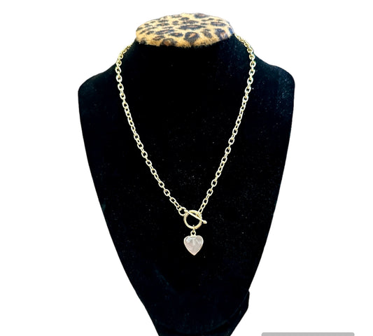 Gold Necklace with Pink Stone Hearts