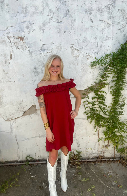 Larkin Ruffle Dress: red, off-the-shoulder, ruffle details. Available in XS–XL.