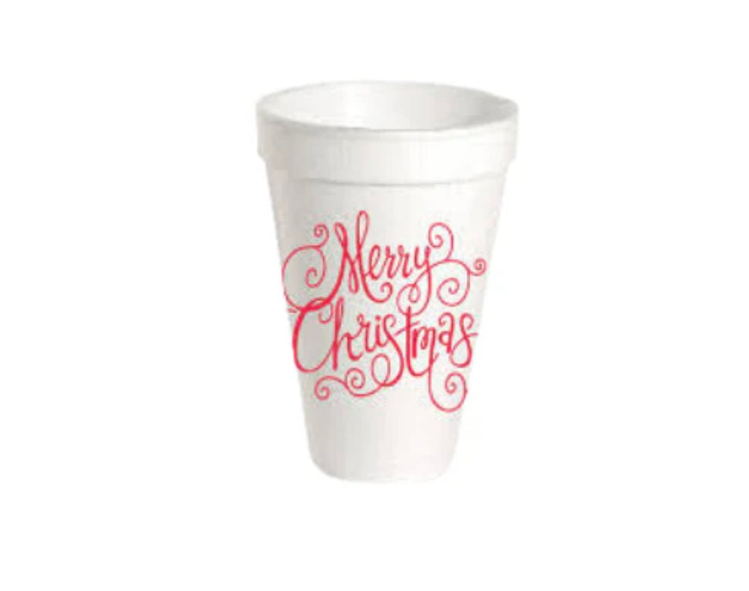 Holiday Styrofoam Cups: 20 oz white disposable cup with red “Merry Christmas” script and swirls.