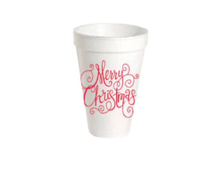 Holiday Styrofoam Cups: 20 oz white disposable cup with red “Merry Christmas” script and swirls.