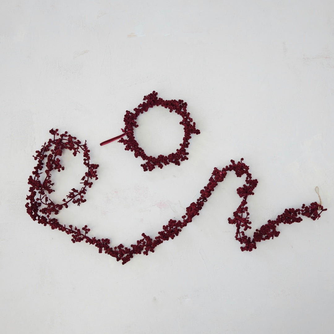 8” Burgundy Flocked Foam Ball Wreath.