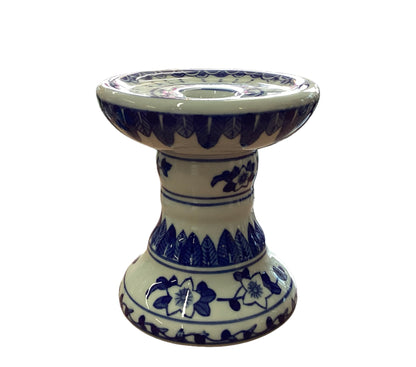 Ceramic Canton Candleholder with blue floral and leaf patterns on white; wide, shallow bowl top. Available in two sizes.