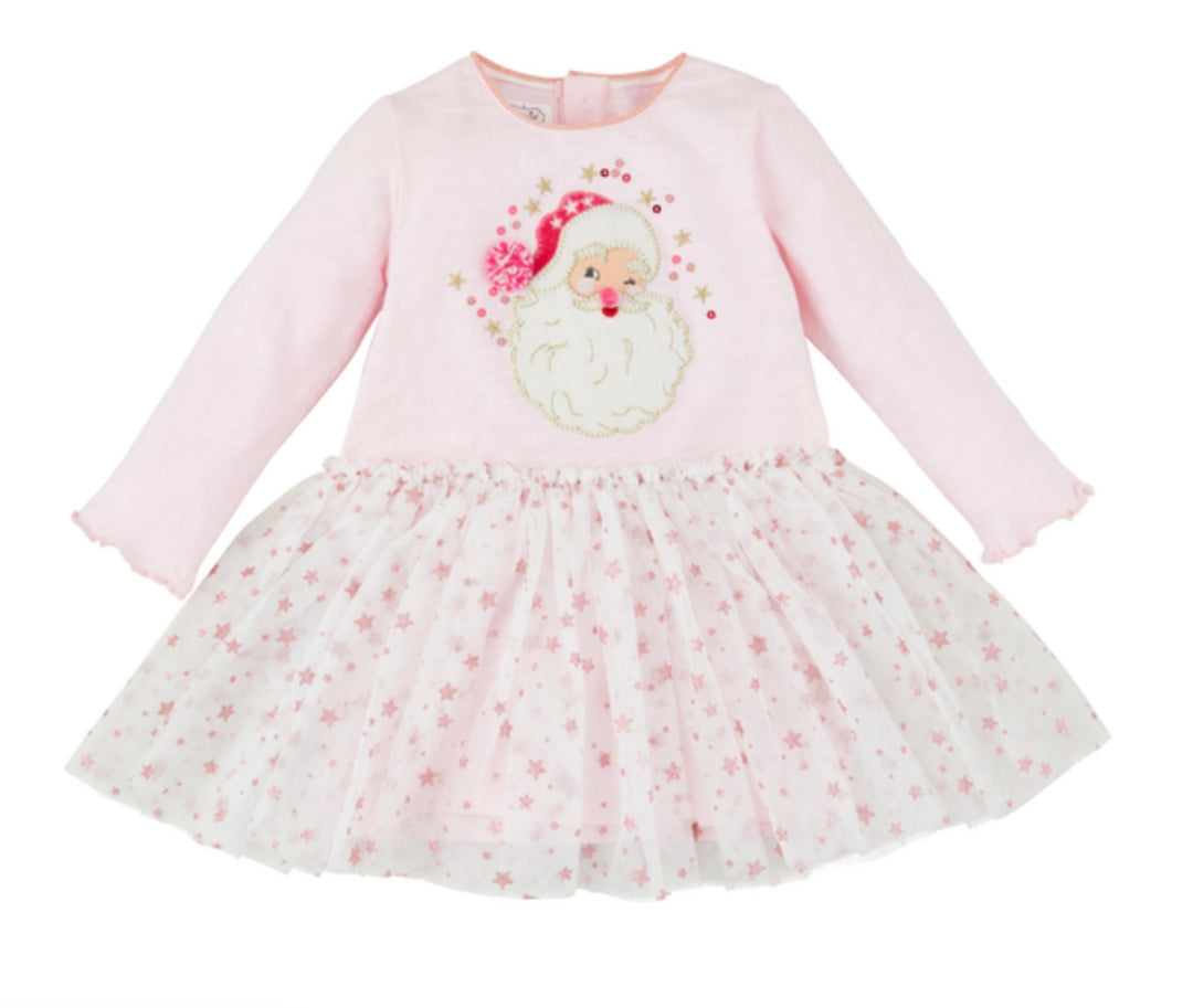 Pink Santa Tutu Dress in light pink cotton slub with Santa graphic and star-patterned glitter mesh skirt. Available in multiple sizes.