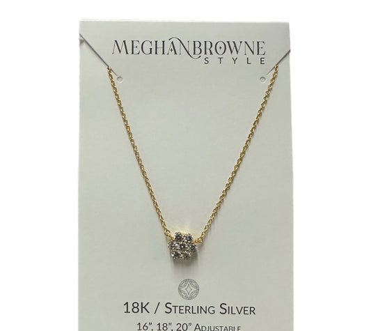 The product is a Meghan Browne style necklace, made of 18K and sterling silver. It's an adjustable length necklace with a shining pendant. This elegant piece has a sparkling pendant adding to its glamour. The necklace is adjustable for ease and comfort. It's created from high-quality 18k sterling silver ensuring its durability.